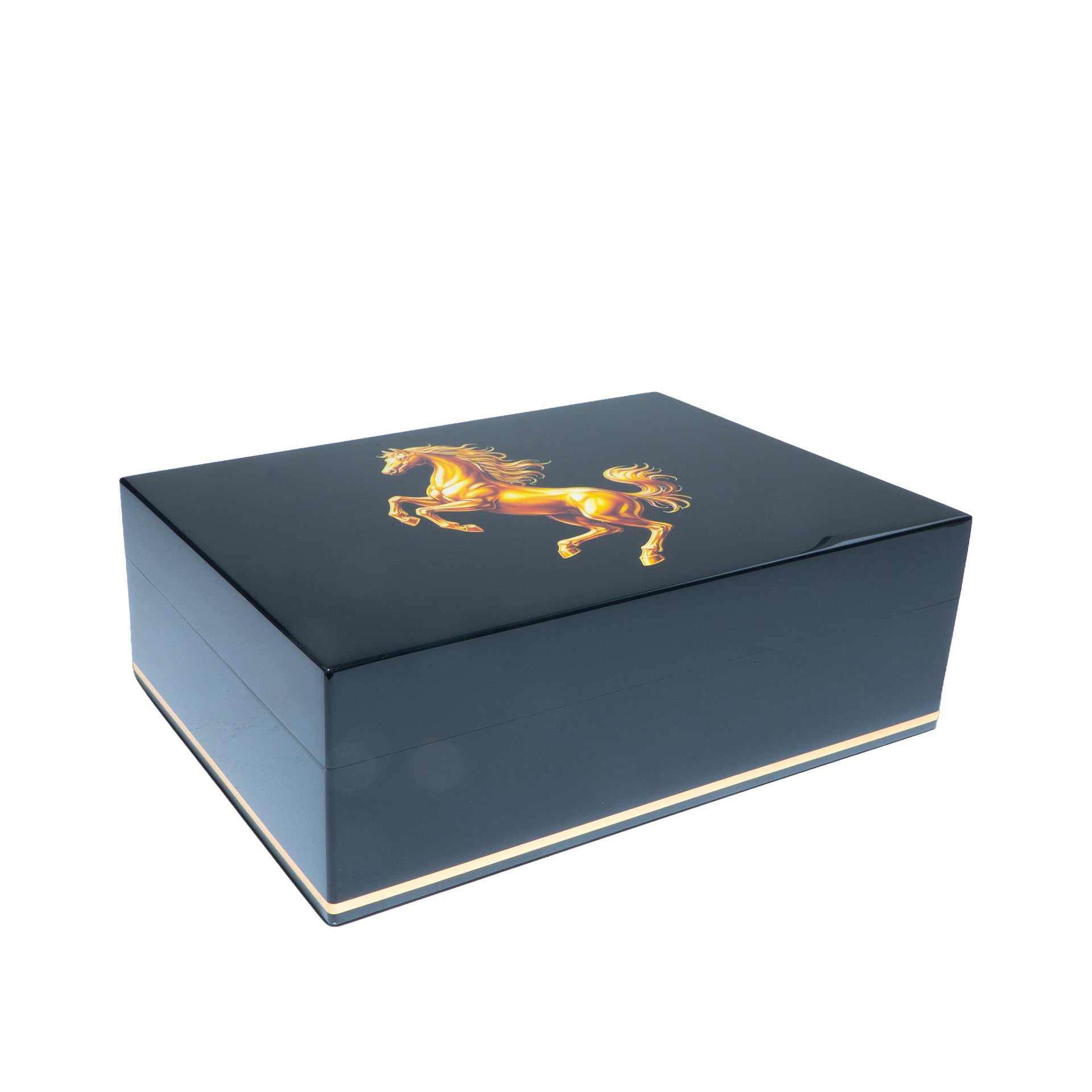 Humidor artesanal color negro para 75 habanos con diseño de caballo