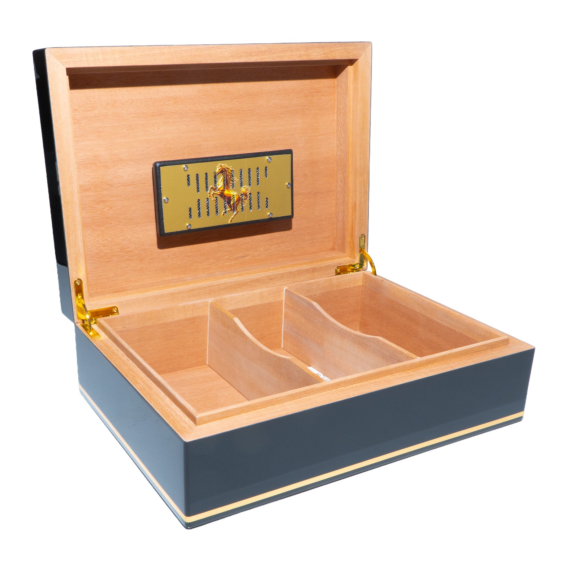 Humidor artesanal color negro para 75 habanos con diseño de caballo