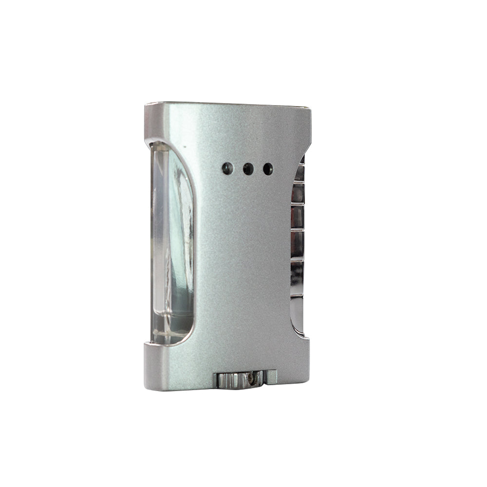 Encendedor metálico con ventana de tanque una sola flama marca Lumo plata